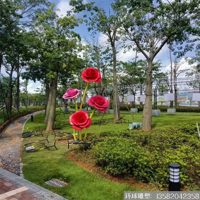 不锈钢仿真玫瑰花雕塑,公园花朵雕塑